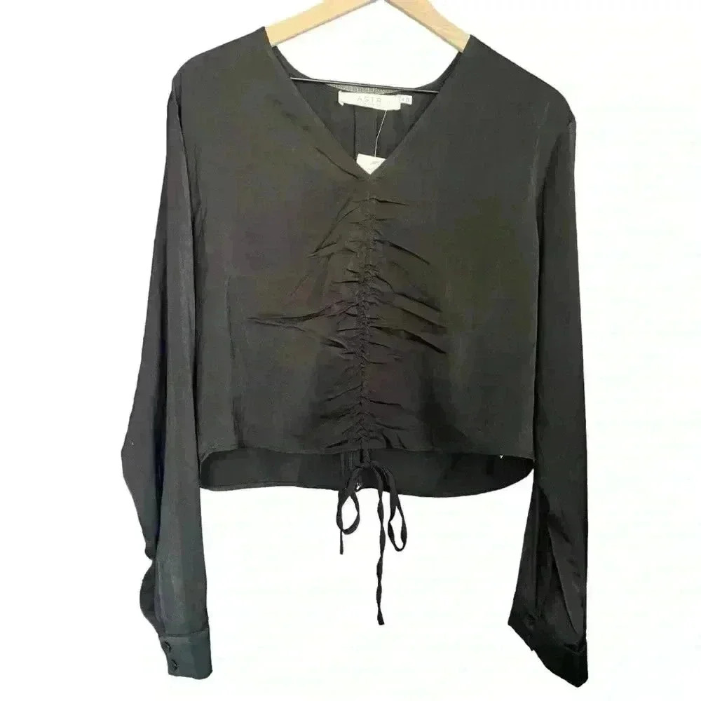 ASTR The Label Black Satin Cinched Top